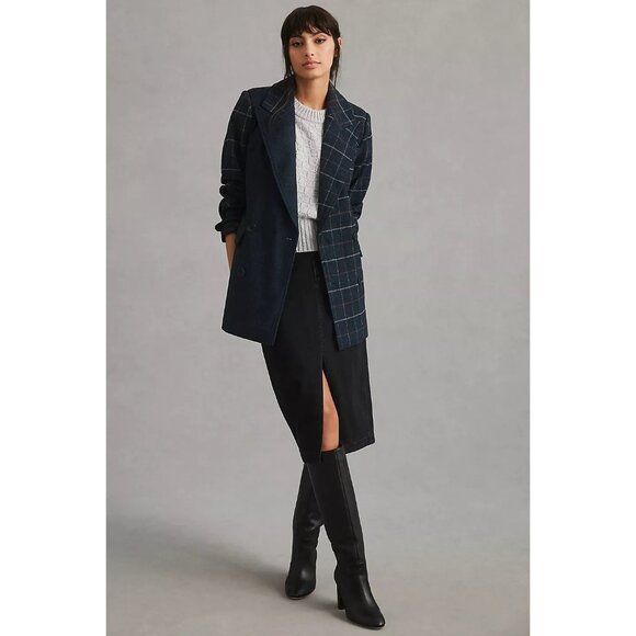 NEW Avec Les Filles Anthropologie Navy Blue Plaid Wool Blend Blazer Jacket XS - Picture 2 of 15